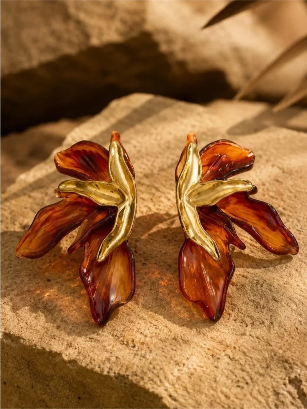Gold tone and Amber Leaf Drop Earrings